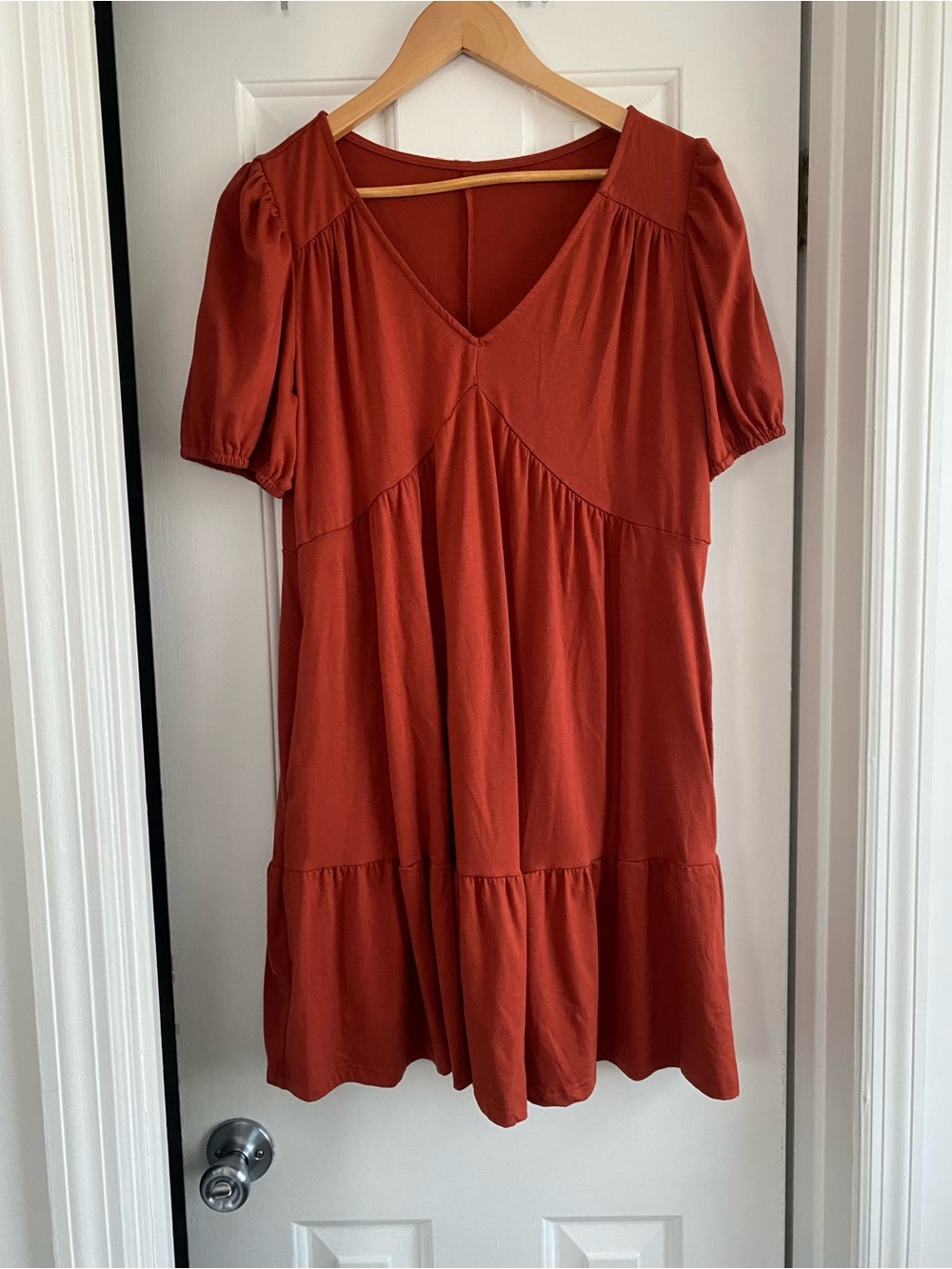 Women’s V-Neck Short Sleeve Dress in Rust